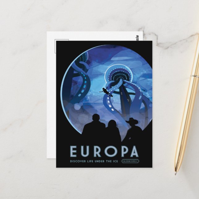 Sci-Fi Travel Ad, Moon Europa Postkarte (Vorderseite/Rückseite Beispiel)