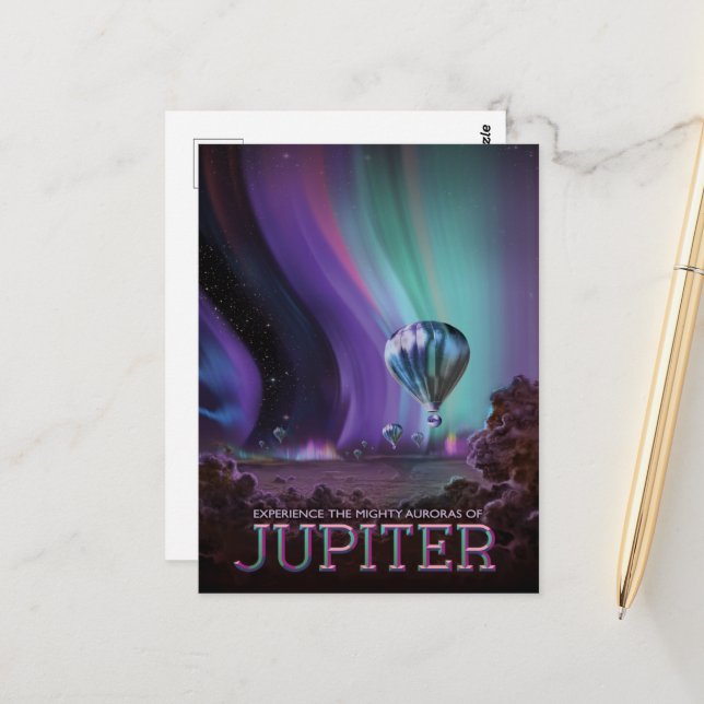 Sci-Fi Travel Ad, Planet Jupiter Postkarte (Vorderseite/Rückseite Beispiel)
