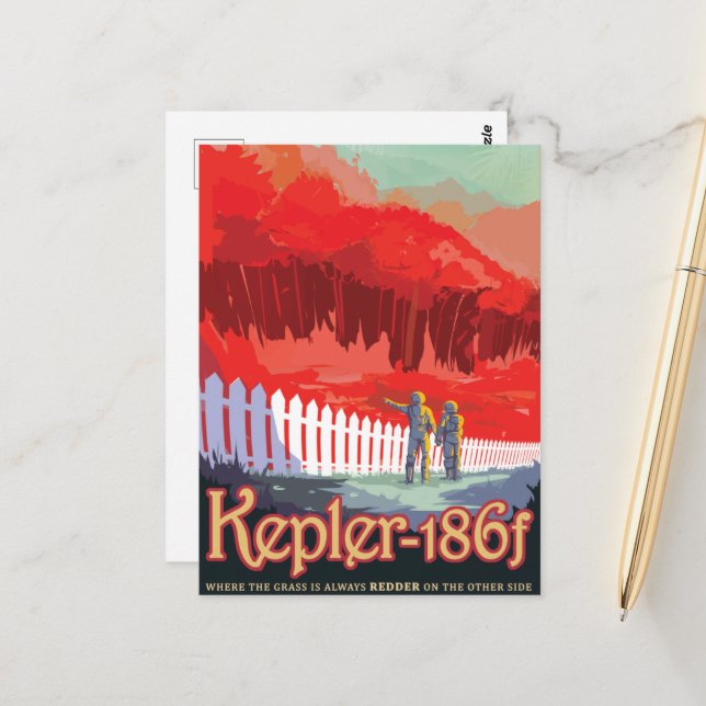 Sci-Fi Travel Ad, Planet Kepler-186f Postkarte (Vorderseite/Rückseite Beispiel)