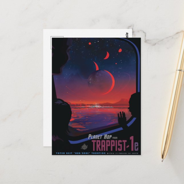 Sci-Fi Travel Ad, Planet Trapist-1e Postkarte (Vorderseite/Rückseite Beispiel)