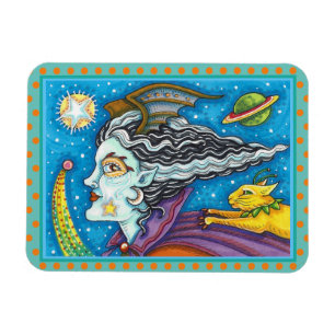 SCI FI WELTRAUM HEXE & KOMETENKATZE BUNTE HALLOWEE MAGNET