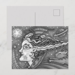 SCI FI WELTRAUMHEXE & KOMETENKATZE SCHWARZ/WEIß HA FEIERTAGSPOSTKARTE