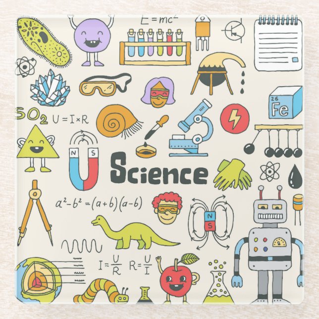 Science Doodles: HandGezeichnet Set in der Schule. Glasuntersetzer (Vorderseite)
