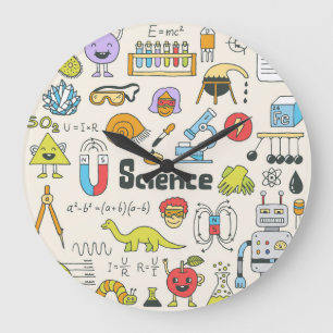 Science Doodles: HandGezeichnet Set in der Schule. Große Wanduhr