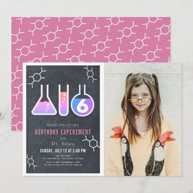 Science Experiment Chalkboard Girl Foto Geburtstag Einladung (Vorne/Hinten)