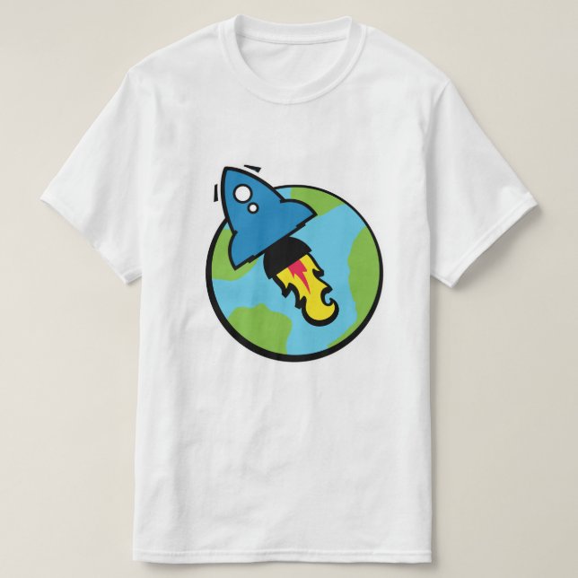 Science Fiction Cartoon Rakete und Planet T-Shirt (Design vorne)