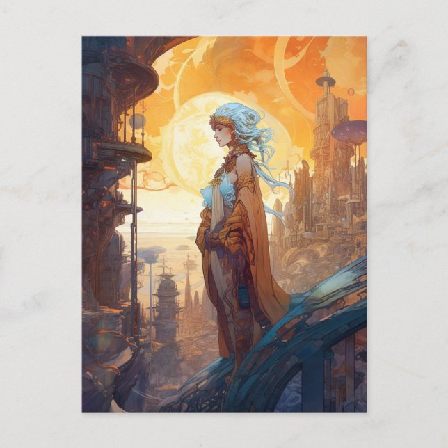 Science Fiction City Landscape Lady Sci Fi Postkarte (Vorderseite)