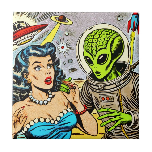 Science Fiction-Comicen für Retro-Alien Fliese (Vorderseite)