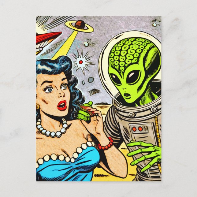 Science Fiction-Comicen für Retro-Alien Postkarte (Vorderseite)