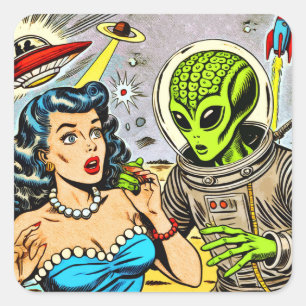 Science Fiction-Comicen für Retro-Alien Quadratischer Aufkleber