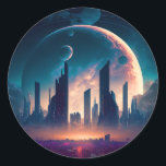 Science Fiction Cyberpunk Space City Runder Aufkleber<br><div class="desc">Fantasy Art Produkte von The Lunarium.</div>