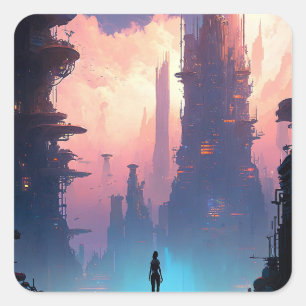 Science Fiction Futuristic City Quadratischer Aufkleber