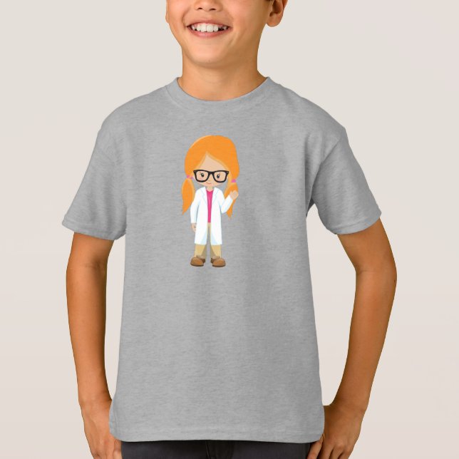 Science Girl, Scientist, Niedlich Girl, Orange Hai T-Shirt (Vorderseite)