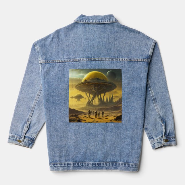 SciFi Alien World View Planet Ufo Tower Jeansjacke (Rückseite)