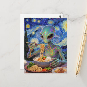 Scifi Blaues Alien isst Nudeln und Gemüse Postkarte