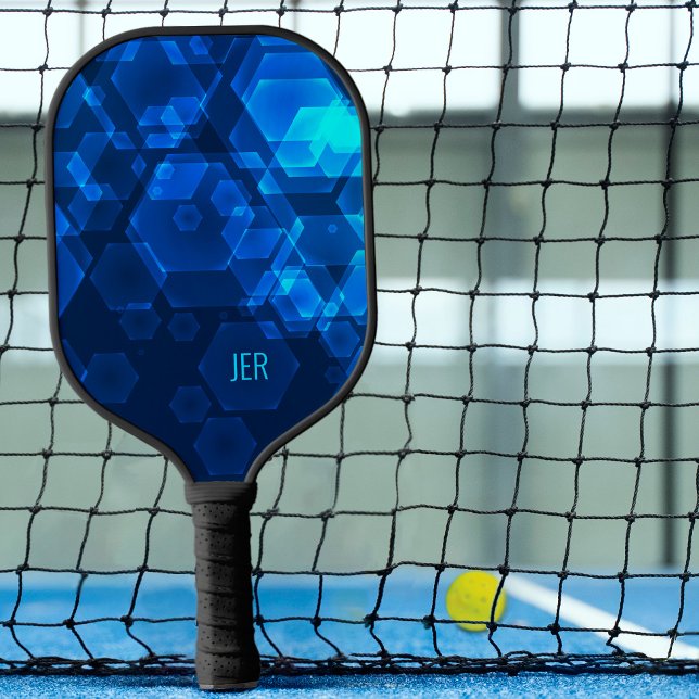 Scifi Cool Hexagon Abstrakt Mit Monogramm Blue Tec Pickleball Schläger (Von Creator hochgeladen)