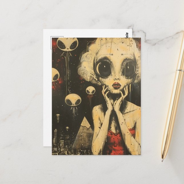 Scifi Fantasy Außerirdischen und Frauen im Roten K Postkarte (Vorderseite/Rückseite Beispiel)