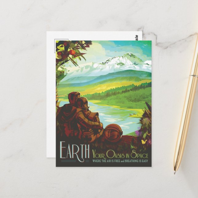 SciFi Travel Ad, Planet Earth Postkarte (Vorderseite/Rückseite Beispiel)