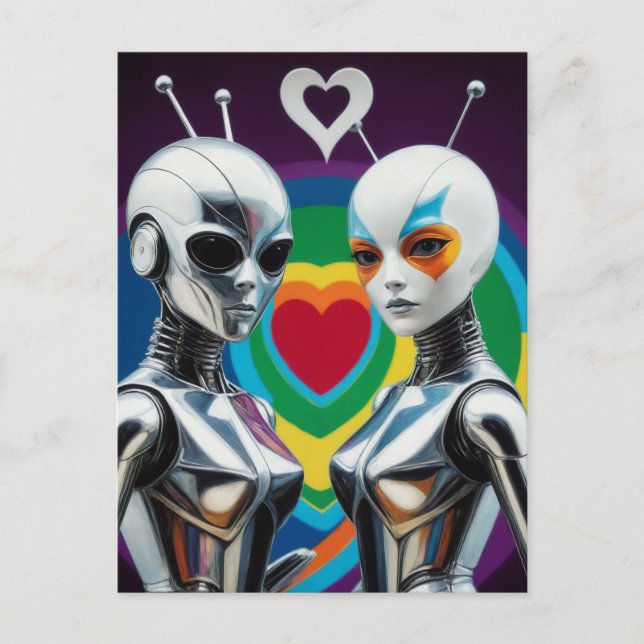 SciFi weibliche Roboter in Liebe Rainbow Heart Postkarte (Vorderseite)
