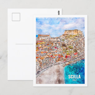 Scilla Italy Famous Travel Place Watercolor Sketch Postkarte