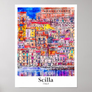 Scilla Italy Travel Watercolor Hand Drawing Poster