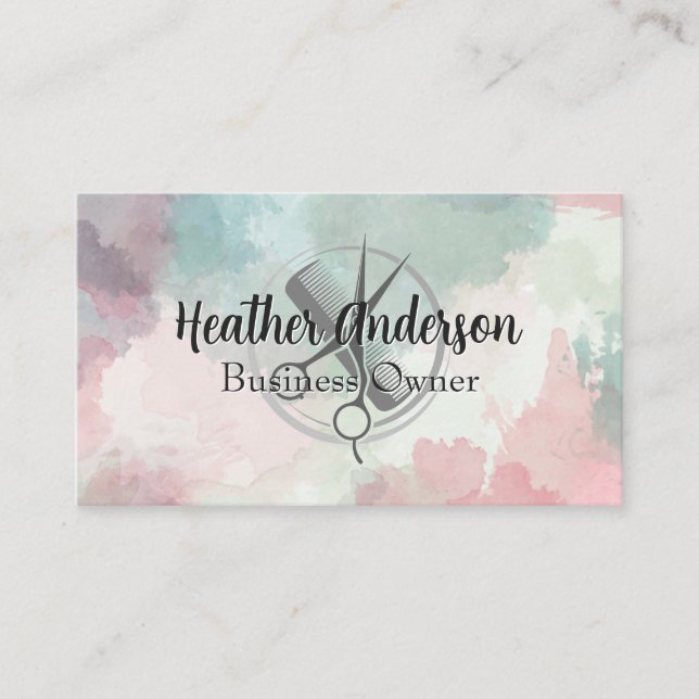 Scissors Comb Logo | Watercolor Background Terminkarte (Vorderseite)