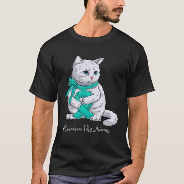 Scleroderma-Aufklärungsmonat Türkises Band Katze T-Shirt (Vorderseite)