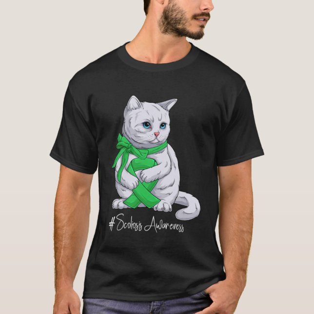 Scoliose Awareness Montag Grüne Ribbon Cat T-Shirt (Vorderseite)