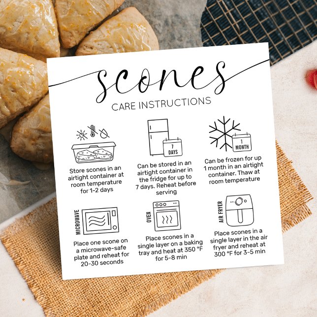 Scones Instructions Moderne Minimal Logo Bakery Quadratische Visitenkarte (Minimalist elegant scones care instructions cards with care icons, stylish calligraphy font)