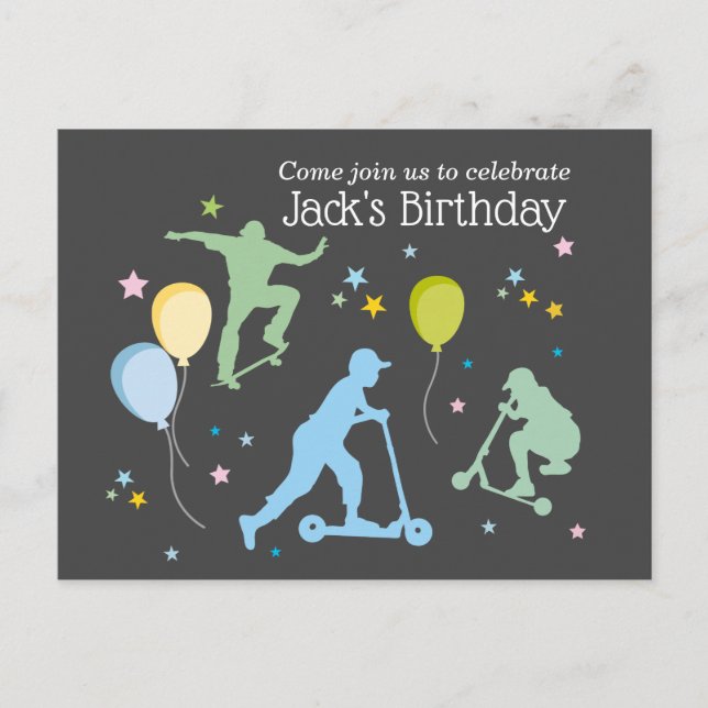 Scooter, Bikes, Skateboards, fahren weiter Einladungspostkarte (Vorderseite)