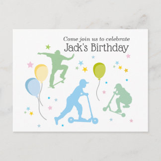 Scooter, Bikes, Skateboards, fahren weiter Einladungspostkarte