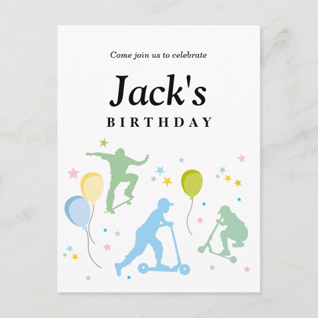 Scooter, Bikes, Skateboards, fahren weiter Einladungspostkarte (Vorderseite)