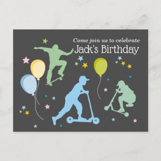 Scooter, Bikes, Skateboards, fahren weiter Einladungspostkarte