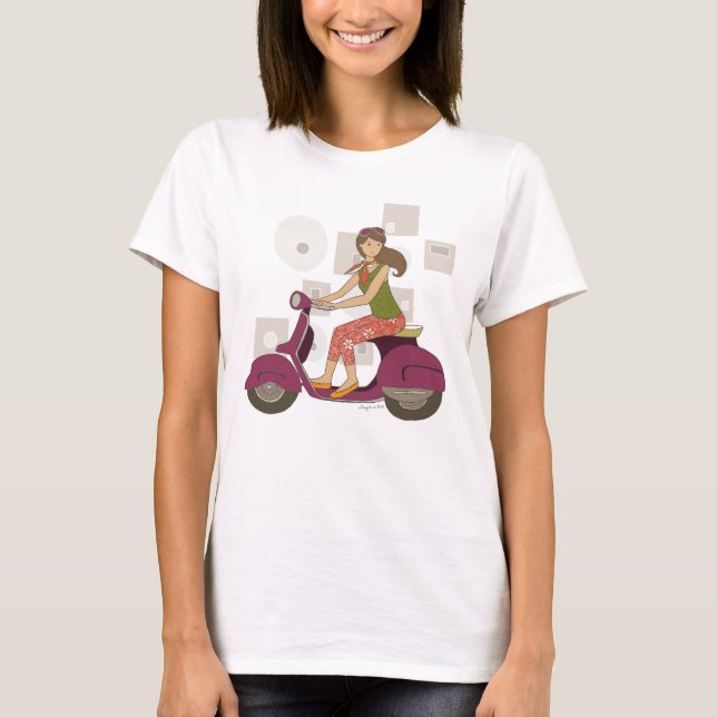 Scooter Sister Niedlich Girl on A Lila Motorbike T-Shirt (Vorderseite)