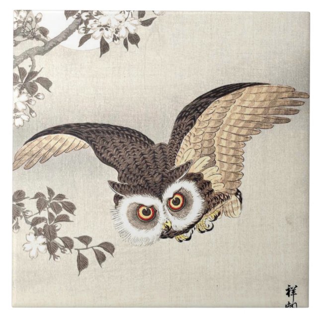 Scopes Owl, Kirschblüten & Mond Japanisch Fliese (Vorderseite)