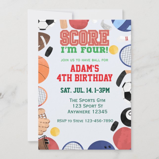 Score I'm Four, Sports 4th Birthday Einladung (Vorderseite)