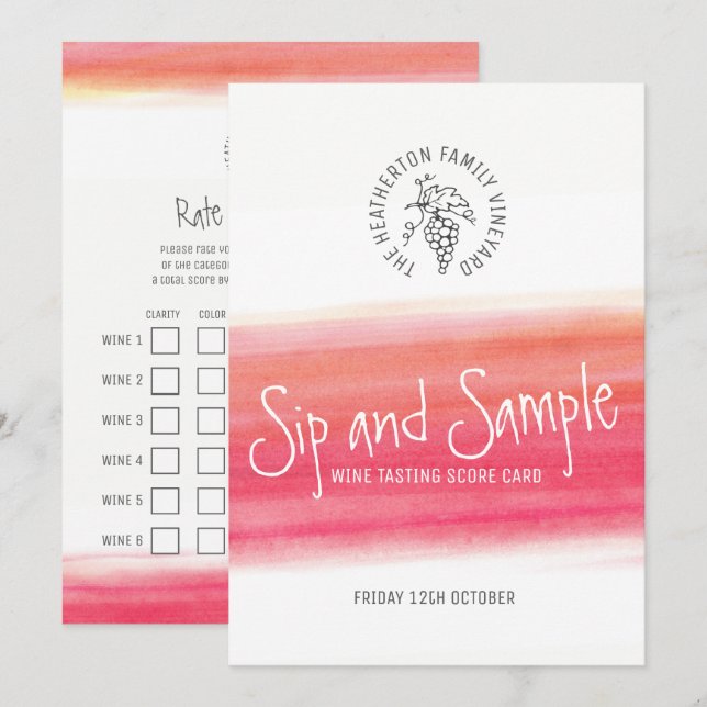 Scorecard für die Sip-and-Sample-Rotweine Einladung (Vorne/Hinten)