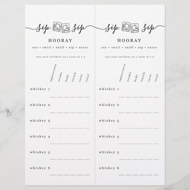 Scorecard für Whiskey-Verkostung Briefbogen (Vorderseite)