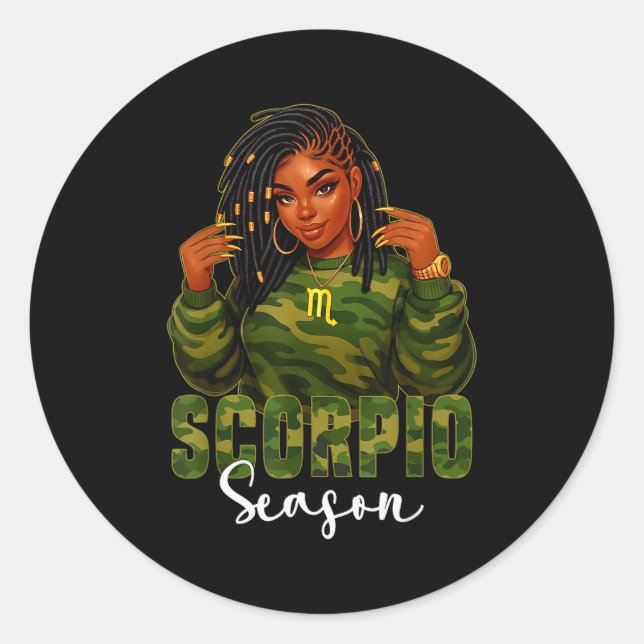 Scoro Season Loc'd Black Woman Camo Zodiac Sign  Runder Aufkleber (Vorderseite)
