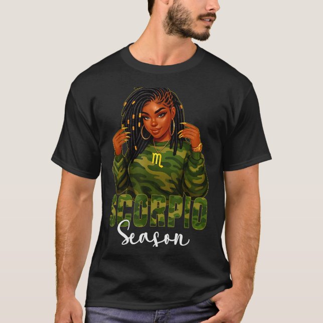 Scoro Season Loc'd Black Woman Camo Zodiac Sign  T-Shirt (Vorderseite)