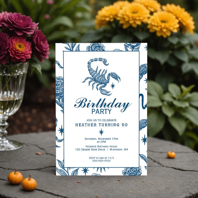 Scorpio Birthday Elegant Toile Scorpions Celestial Einladung (Scorpio birthday invite with hand-drawn toile stars, scorpions & roses in Delft blue.)