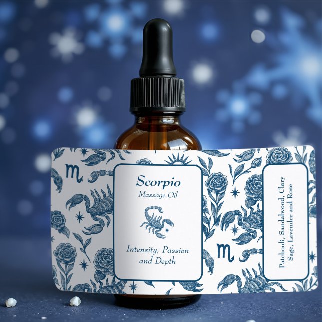 Scorpio Essential Oil Flasche Feminine Blaue Flora (Gorgeous Scorpio essential oil bottle label with detailed scorpions and feminine blue floral pattern)