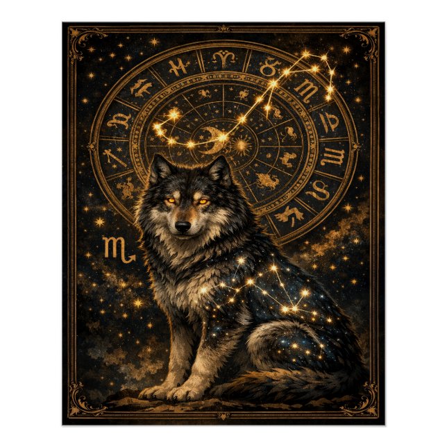 Scorpio Wolf Zodiac Wheel Constellation Celestial  Poster (Vorderseite)