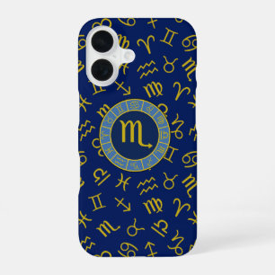 Scorpio Zodiac+Astrologie Symbole Muster Gld+Blues iPhone 16 Hülle