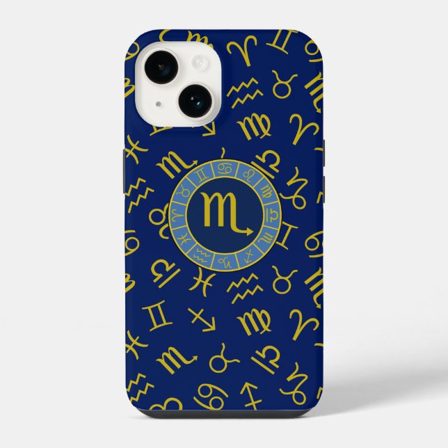 Scorpio Zodiac+Astrologie Symbole Muster Gld+Blues iPhone Hülle (Rückseite)