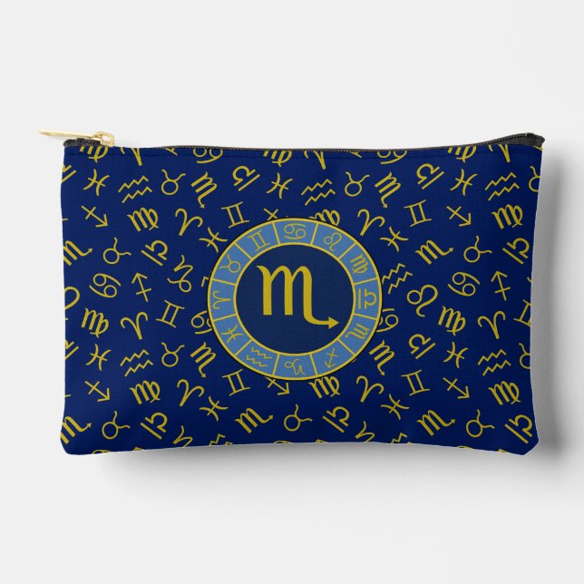 Scorpio Zodiac+Astrologie Symbole Muster Gld+Blues Zubehörtasche (Vorderseite)