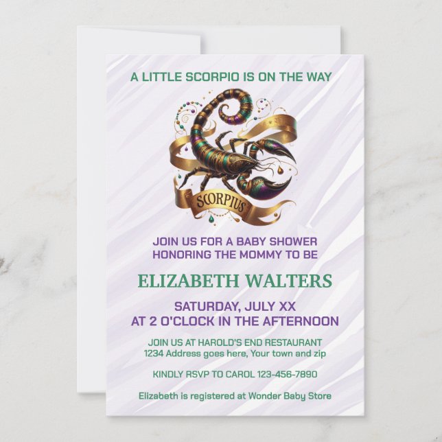 Scorpio Zodiac Baby Shower Lavender and Green Einladung (Vorderseite)