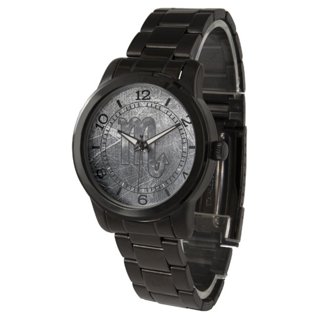 Scorpio Zodiac Distressed Industrial Style Dial Armbanduhr (Schrägansicht)