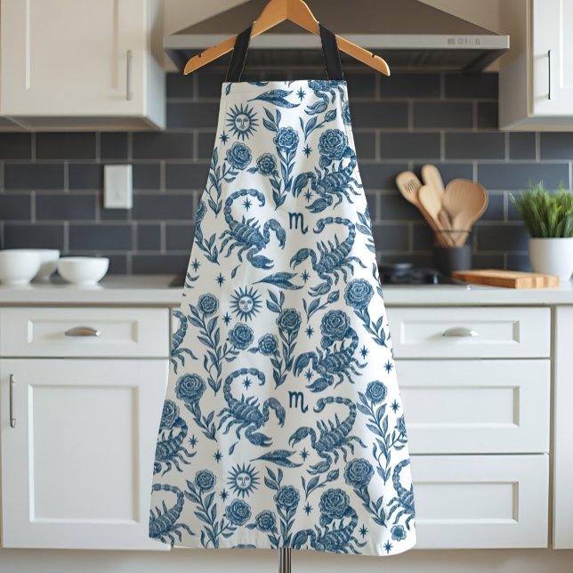 Scorpio Zodiac Elegante Blaues Skorpion Blühen Schürze (Scorpio zodiac apron with a pattern of detailed scorpions and pretty blue floral for her kitchen.)