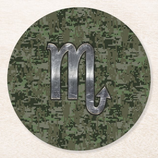 Scorpio Zodiac Signage Woodland Digitale Camouflag Runder Pappuntersetzer (Vorderseite)